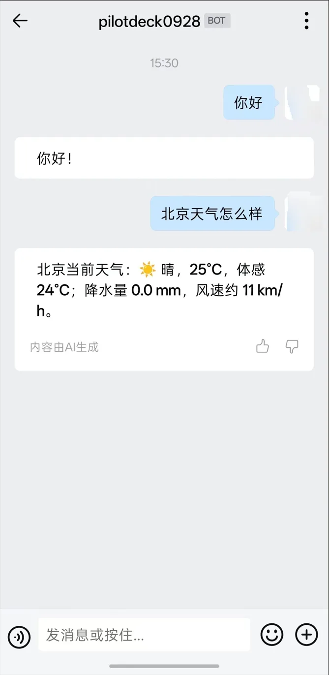 在企业微信中与 PilotDeck 机器人对话的示例。