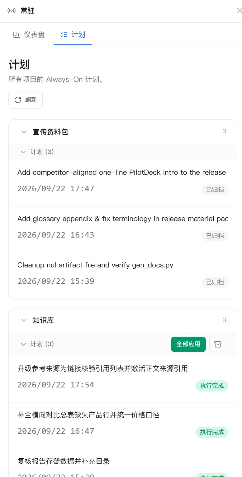 PilotDeck 常驻计划页面，按项目分组展示计划状态，并提供“全部应用”与删除操作。