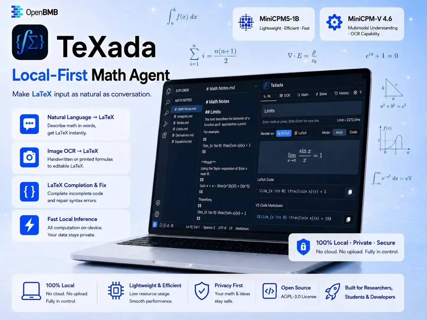 TeXada：本地优先的数学 Agent（图源：项目 README）