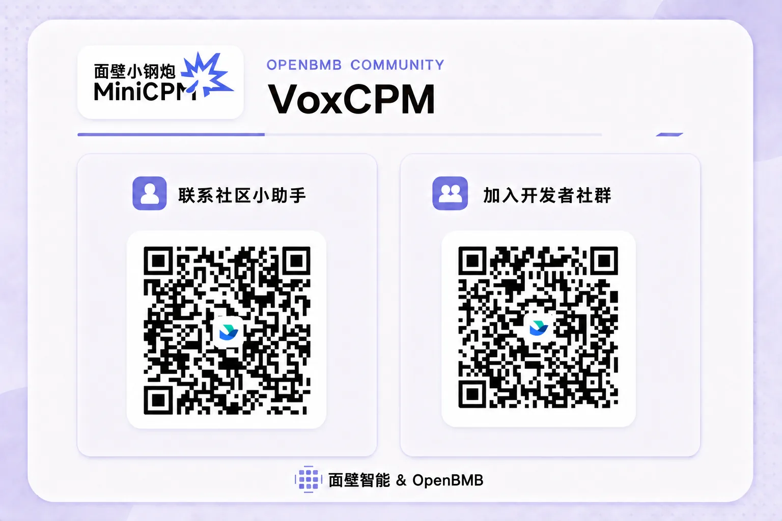 MiniCPM and VoxCPM contact card with "OPENBMB COMMUNITY VoxCPM" branding, a QR code on the left to contact the community assistant and a QR code on the right to join the developer community group, signed "ModelBest &amp; OpenBMB".