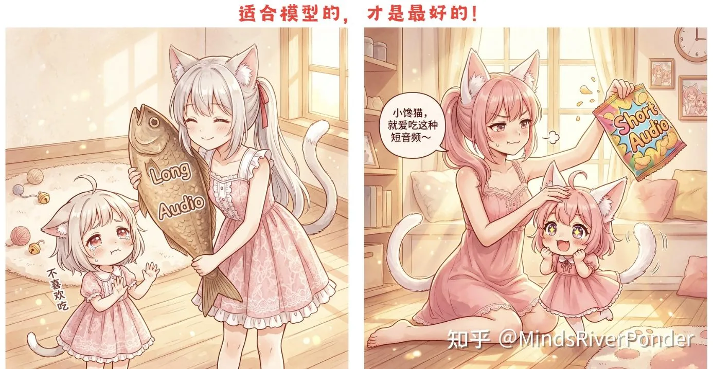 A two-panel catgirl illustration under the red heading "What suits the model is what's best!": on the left a catgirl holds a big fish labeled "Long Audio" with the caption "Don't like eating this"; on the right a catgirl holds a small fish labeled "Short Audio" with the caption "Little glutton, loves this kind of short audio".