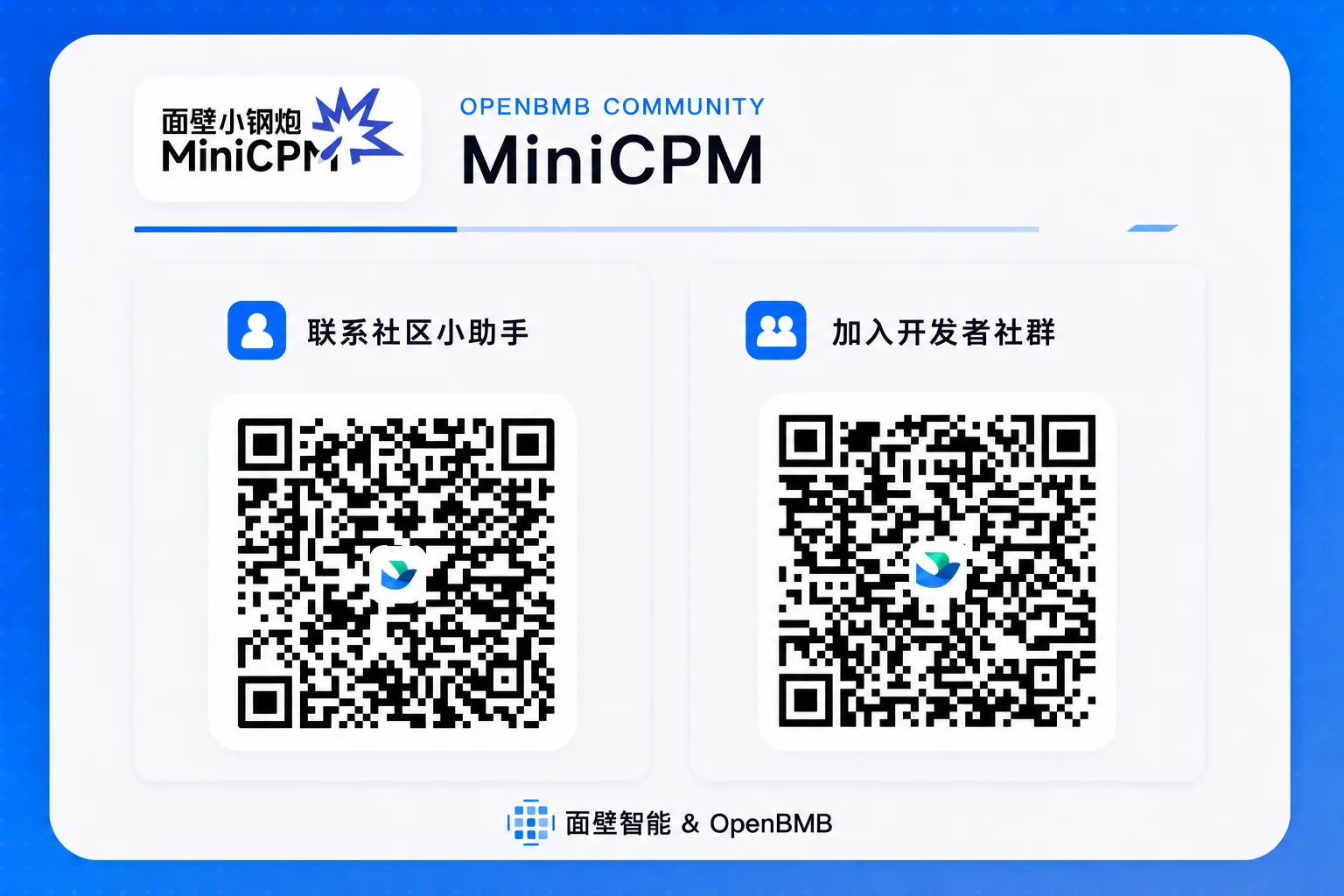 MiniCPM contact card with the "MiniCPM" and "OPENBMB COMMUNITY MiniCPM" branding, a QR code on the left to contact the community assistant and a QR code on the right to join the developer community group, signed "ModelBest &amp; OpenBMB".