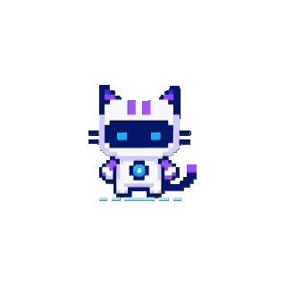 The MiniCPM desktop character in its "thinking" state: a pixel-art white cat with blue and purple accents, purple stripes on its head, blue eyes, wing-like shapes on its sides and a curled tail.