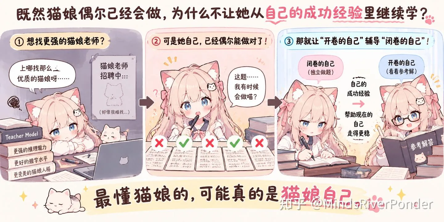 图片以漫画形式呈现,探讨猫娘利用自身经验提升推理能力的思路。左侧猫娘思考找更强猫娘老师,中间猫娘自问偶尔能做对题,右侧猫娘让“开卷的自己”辅导“闭卷的自己”,并借助成功经验帮助自己走得更稳。底部文字总结“最懂猫娘的,可能真的是猫娘自己”。图片与上下文紧密相关,直观呈现了上下文提到的猫娘从自身成功经验中学习,以提高推理能力的设想。