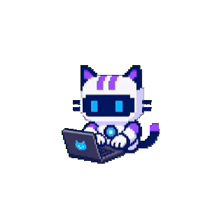 The MiniCPM desktop character in its "working" state: an anthropomorphic cat wearing a purple headband and white outfit, holding a laptop with a blue logo, on a solid green background.