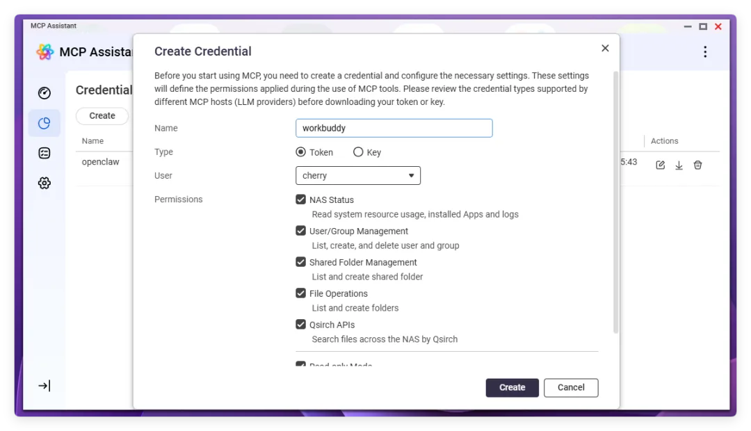 Screenshot of creating a credential in QNAP MCP Assistant, with Name set to "workbuddy", Type set to "Token", User set to "cherry", and multiple permissions checked.